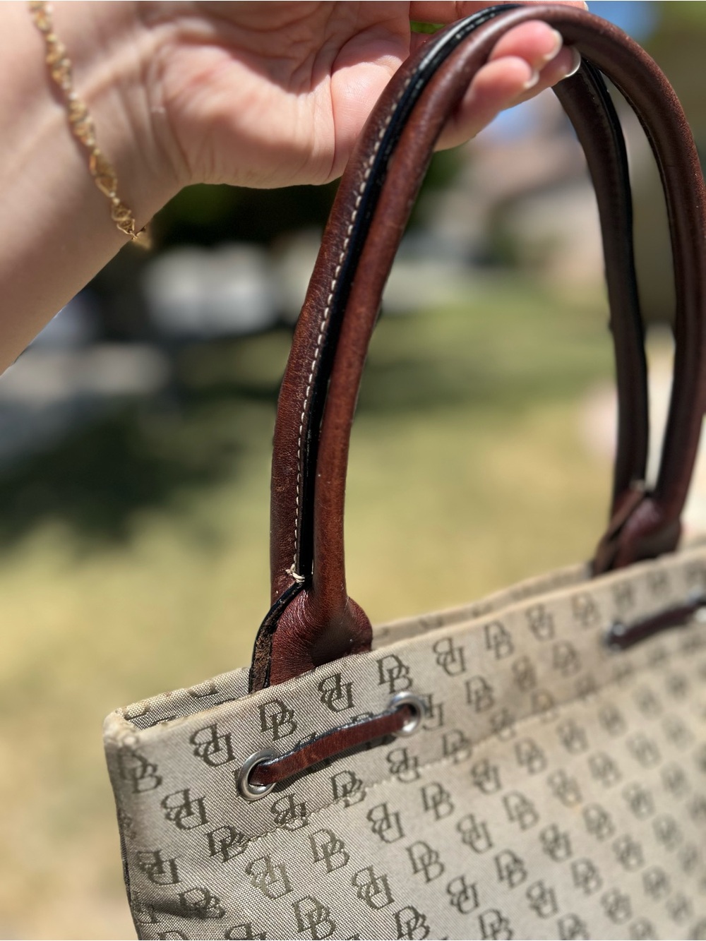 Vintage Dooney & Bourke Monogram Canvas Tote Bag with Brown Leather Trim - Picture 4 of 11